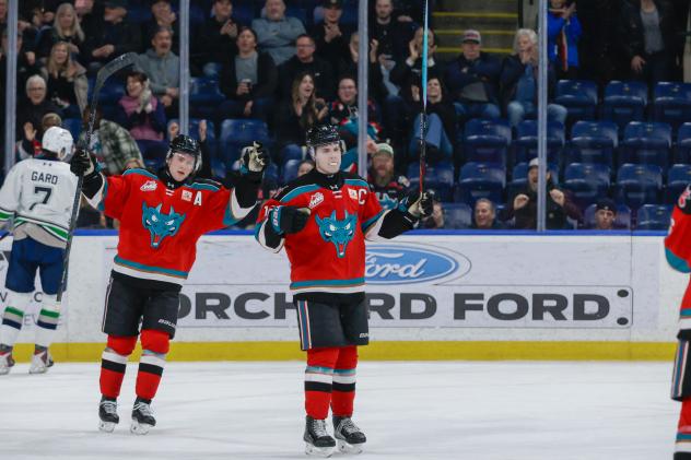 Kelowna Rockets right wing Carson Wetsch reacts after his goal