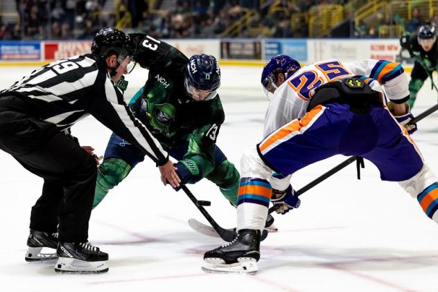 Florida Everblades forward Craig Needham (left) faces off with the Orlando Solar Bears