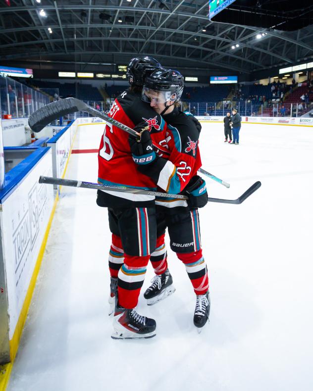 Kelowna Rockets defencemen Rowan Guest (left) and Nate Corbett