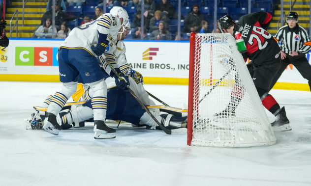 Springfield Thuderbirds defend against the Charlotte Checkers