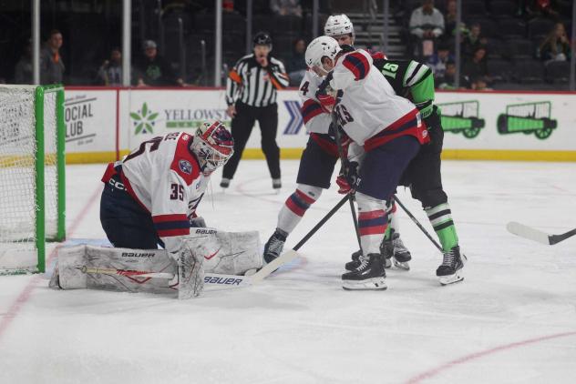 South Carolina Stingrays goaltender Seth Eisele makes a stop against the Savannah Ghost Pirates
