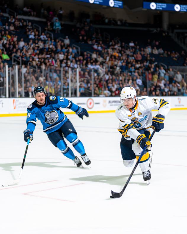 Jacksonville Icemen's Adam McMaster and Atlanta Gladiators' Austin Roest in action
