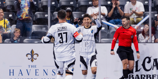 San Diego Sockers' Sebastian Mendez celebrates a goal with Kraig Chiles