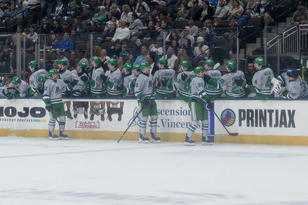 Florida Everblades exchange congratulations along the bench