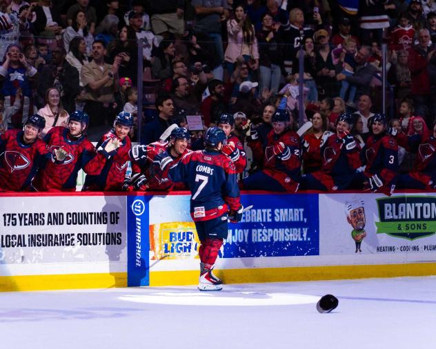 South Carolina Stingrays forward Charlie Combs receives congratulations along the bench