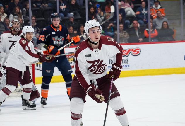 Peterborough Petes defenceman Holden Carter vs. the Flint Firebirds