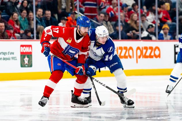 Syracuse Crunch center Tristan Allard (right) vs. the Laval Rocket