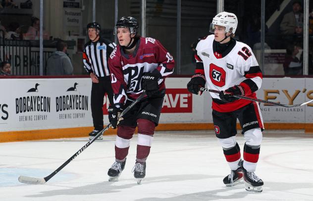 Peterborough Petes centre Adam Levac (left) vs. the Ottawa 67's