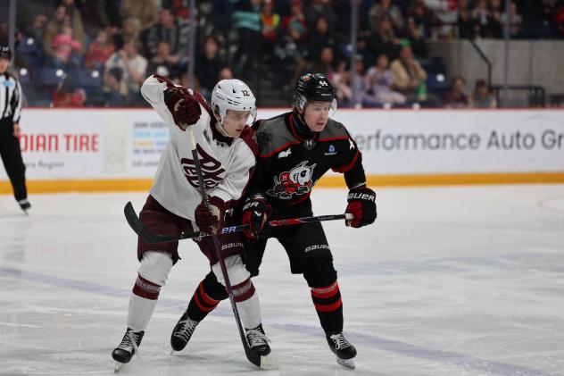 Peterborough Petes left wing Leon Kolarik (left) vs. the Niagara IceDogs