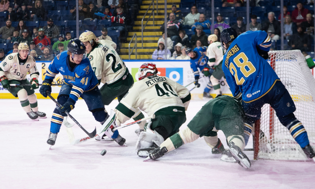 Springfield Thunderbirds forward Aleksanteri Kaskimäki tries to control the puck while Otto Stenberg crashes the net