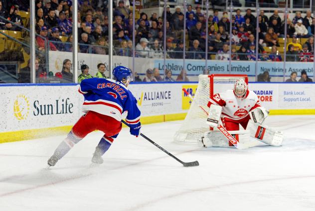 Kitchener Rangers defenceman Carson Campbell eyes the Soo Greyhounds goal