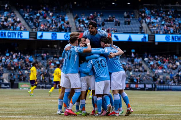 New York City FC celebrate a goal against Orlando City SC