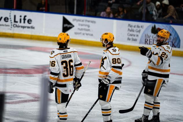 Wheeling Nailers' Max Graham, Raivis Ansons, and Matt Quercia on game night