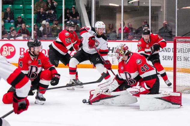 Belleville Senators goaltender Mads Søgaard pounces on a shot