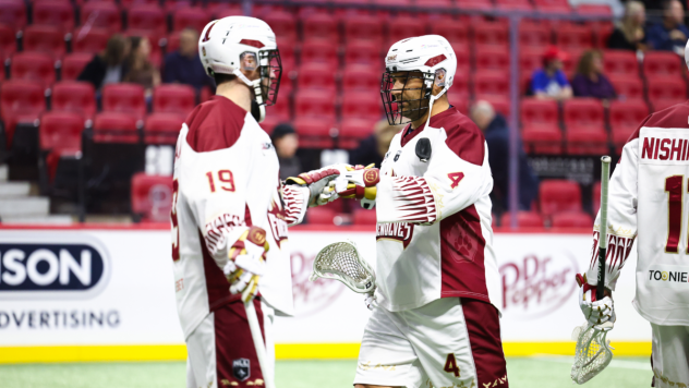 Oshawa FireWolves transition player Patrick Kaschalk (left) and defender Kyle Rubisch