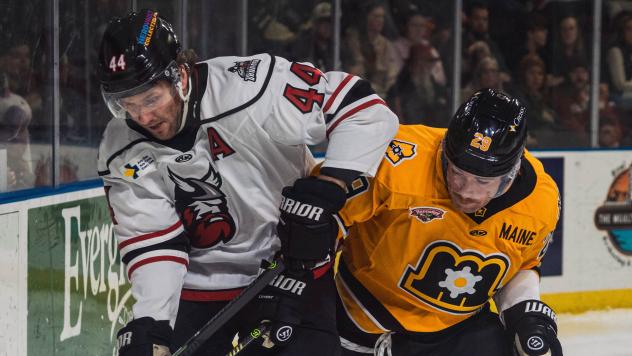 Adirondack Thunder defenseman Jacob Graves (left) vs. the Maine Mariners