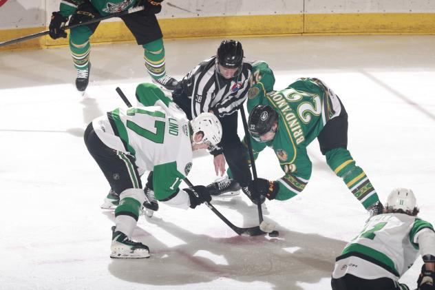 Texas Stars forward Kole Lind (left) faces off with the Chicago Wolves