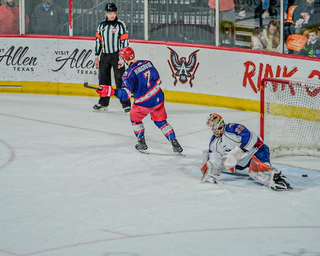 Colton Hargrove of the Allen Americans Skates away after scoring on a penalty shot