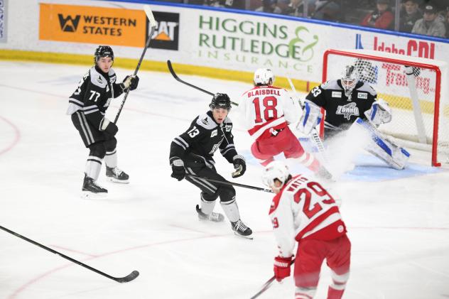 Brayden Watts of the Allen Americans (bottom) vs. the Idaho Steelheads