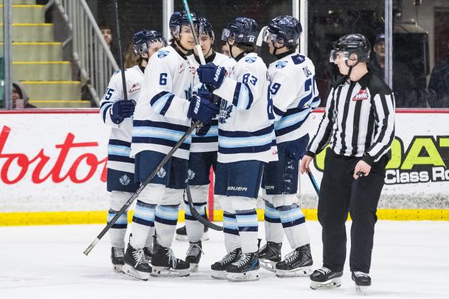 Penticton Vees huddle vs. the Prince George Cougars