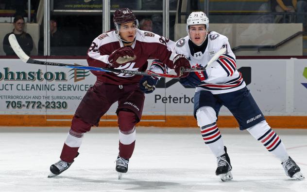 Peterborough Petes right wing Matthew Soto (left) vs. the Oshawa Generals