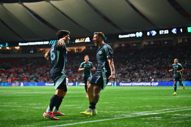 Sounders FC celebrate a Paul Arriola goal in Concacaf Champions Cup play