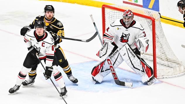 Adirondack Thunder's Ryan Wheeler and Tyler Brennan and Wheeling Nailer's Jack Works on game night
