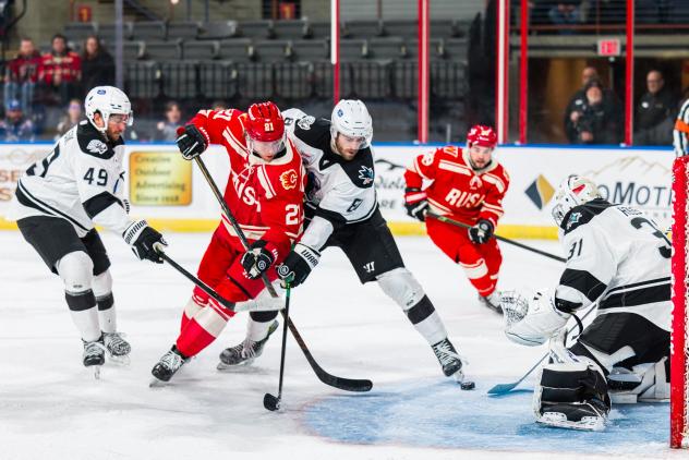 Rapid City Rush's Cameron Buhl battles Wichita Thunder's Tanner Palocsik, Tyler Jette, and Roddy Ross in action