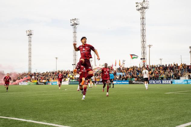 Detroit City FC forward Darren Smith after scoring against Brooklyn FC