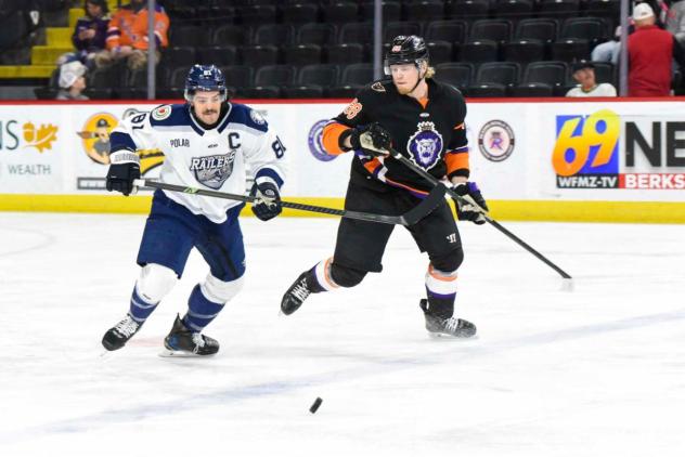 Worcester Railers forward Anthony Repaci (left) vs. the Reading Royals