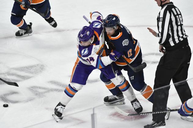 Greenville Swamp Rabbits forward Ben Poisson (right) tangles with the Orlando Solar Bears