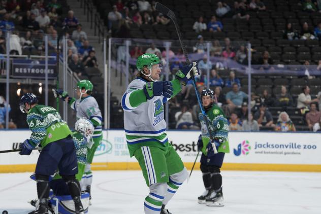 Florida Everblades react after a goal