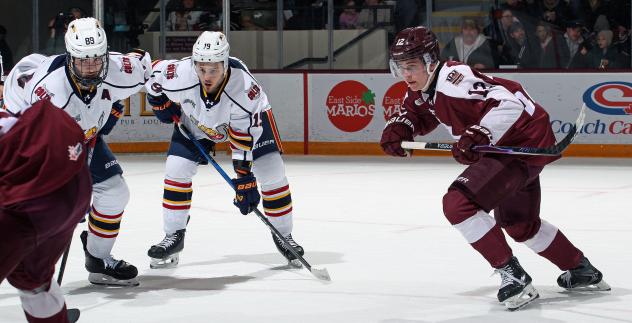 Peterborough Petes left wing Leon Kolarik (right) vs. the Barrie Colts