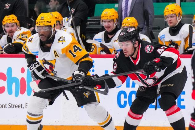 Belleville Senators right wing Hayden Hodgson (right) vs. the Wilkes-Barre/Scranton Penguins