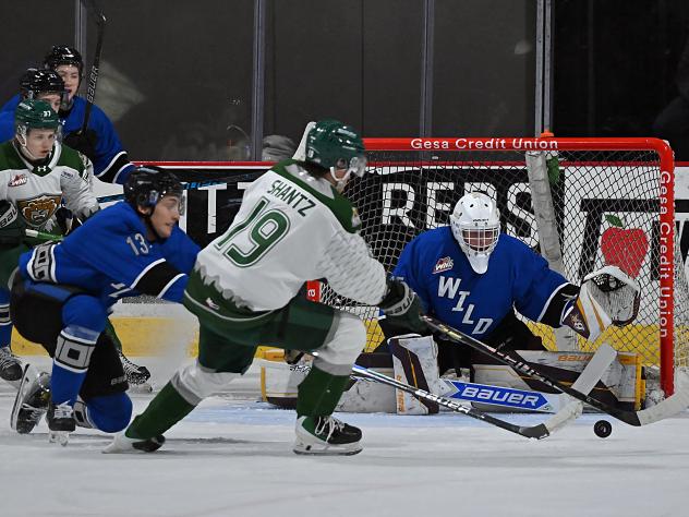 Everett Silvertips' Zackary Shantz battles Wenatchee Wild's Mathias Silaban and Carsten Leyerzapf
