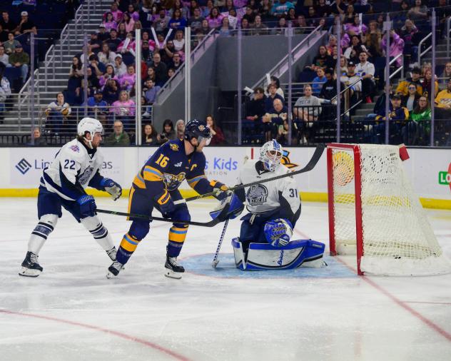 Jacksonville Icemen's Holden Wale and Cameron Rowe and Atlanta Gladiators' Cody Sylvester in action