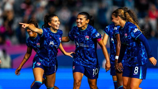 San Diego Wave FC are all smiles after a goal against Portland Thorns FC 3-1