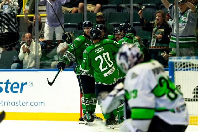 Florida Everblades celebrate a goal against the Savannah Ghost Pirates