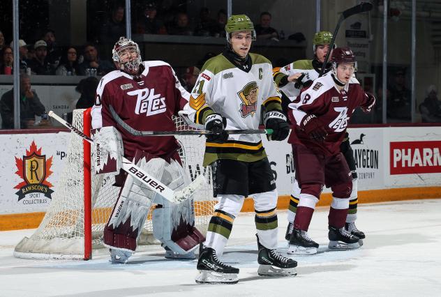 Peterborough Petes goaltender Easton Rye vs. the North Bay Battalion