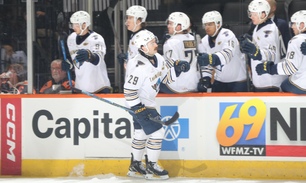 Springfield Thunderbirds left wing Dillon Dube along the bench