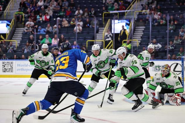 Florida Everblades' Gianfranco Cassaro battles the Savannah Ghost Pirates