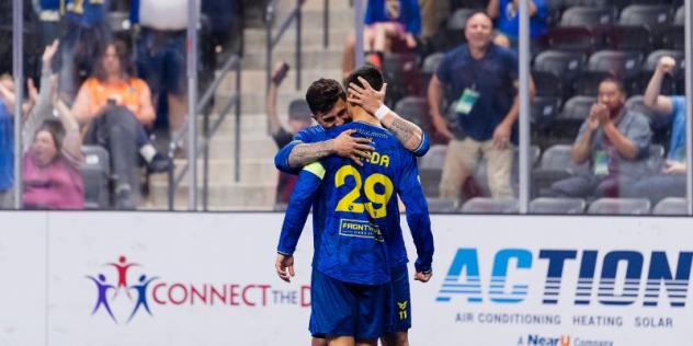 Cesar Cerda of the San Diego Sockers celebrates his Golden Goal with Leo De Oliveira