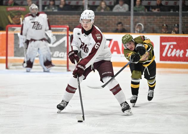 Peterborough Petes defenceman Grayden Strohack vs. the North Bay Battalion
