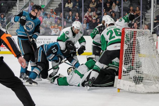 San Jose Barracuda forward Quentin Musty (13) digs for the puck against the Texas Stars