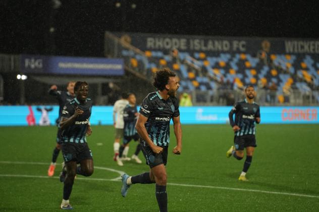 JJ Williams of Rhode Island FC reacts after his goal against Hartford Athletic
