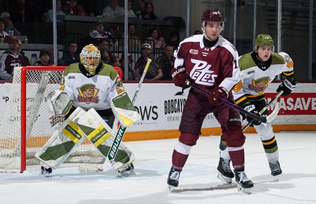 Peterborough Petes left wing Adam Novotný vs. the North Bay Battalion