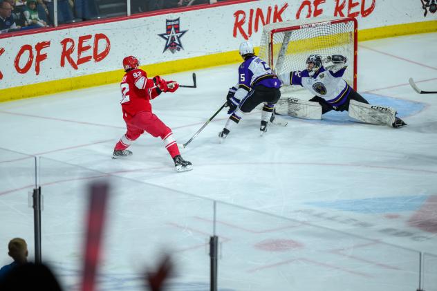 Allen Americans left wing Colby McAuley fires a shot
