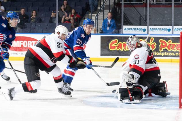 Belleville Senators goaltender Jackson Parsons makes a stop vs. the Rochester Americans