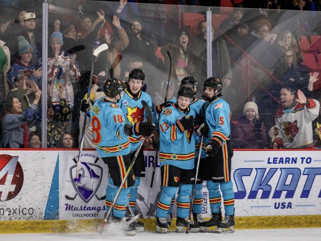 New Mexico Ice Wolves gather after a goal