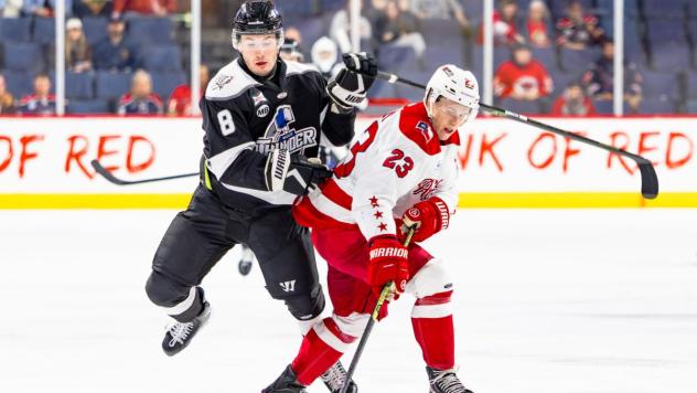 Wichita Thunder forward Spencer Blackwell (left) vs. the Allen Americans